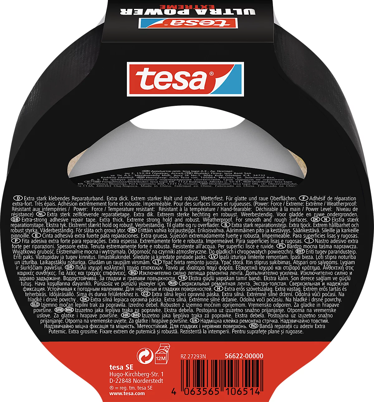 tesa® Montageband Ultra PowerExtrem, robust & reißfest, temperatur-/wasser-/UV-beständig, von Hand einreißbar, 1 Rolle mit L 10 m x B 50 mm, schwarz