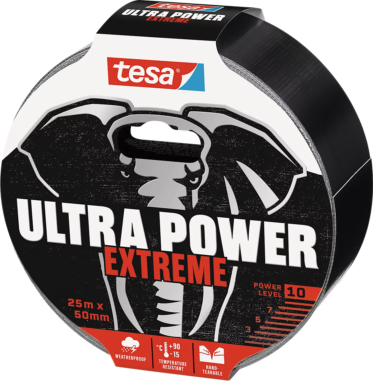 tesa® Montageband Ultra PowerExtrem, robust & reißfest, temperatur-/wasser-/UV-beständig, von Hand einreißbar, 1 Rolle mit L 25 m x B 50 mm, schwarz