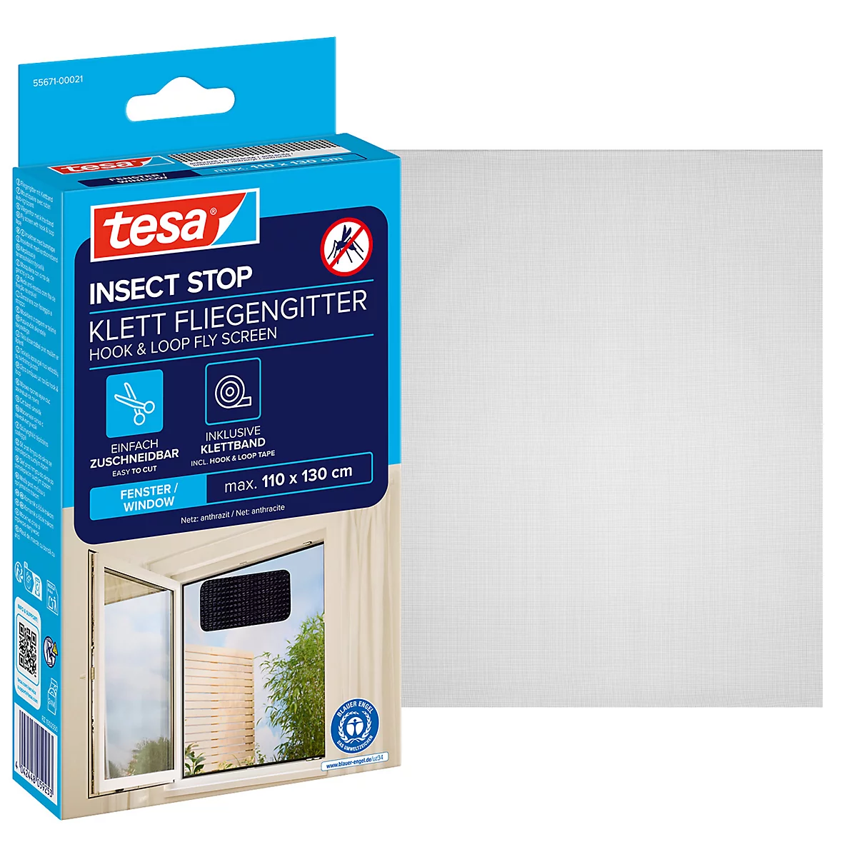 tesa® Moustiquaire auto-agrippante INSECT STOP, à fixer sur le cadre de la fenêtre, L 1100 x l 1300 mm, anthracite-transparent