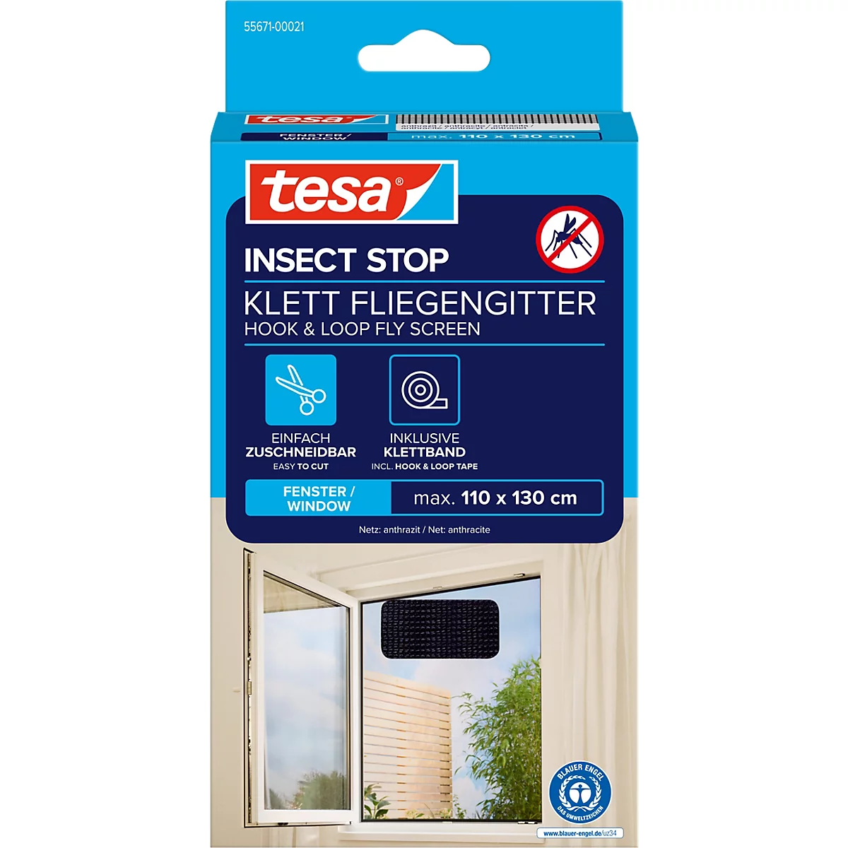 Emballage bleu et blanc de tesa Insect Stop, moustiquaire auto-agrippante, avec une fenêtre et un symbole d'insecte.
