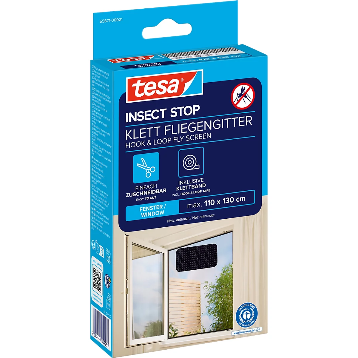 Boîte bleue avec produit Tesa anti-insectes. L'image du produit montre la moustiquaire avec du velcro. Cadre de fenêtre en arrière-plan.