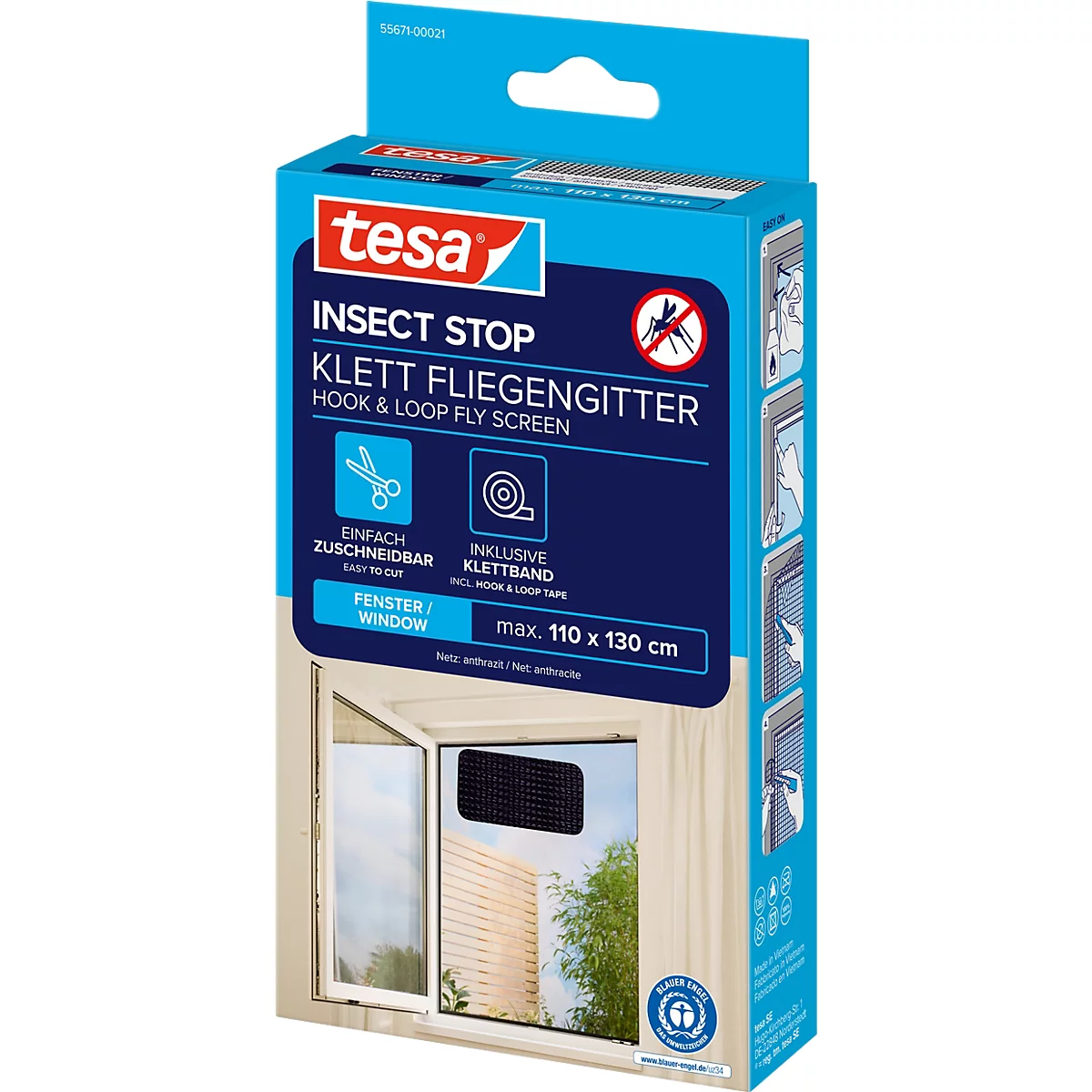 tesa® Moustiquaire auto-agrippante INSECT STOP, à fixer sur le cadre de la fenêtre, L 1100 x l 1300 mm, anthracite-transparent