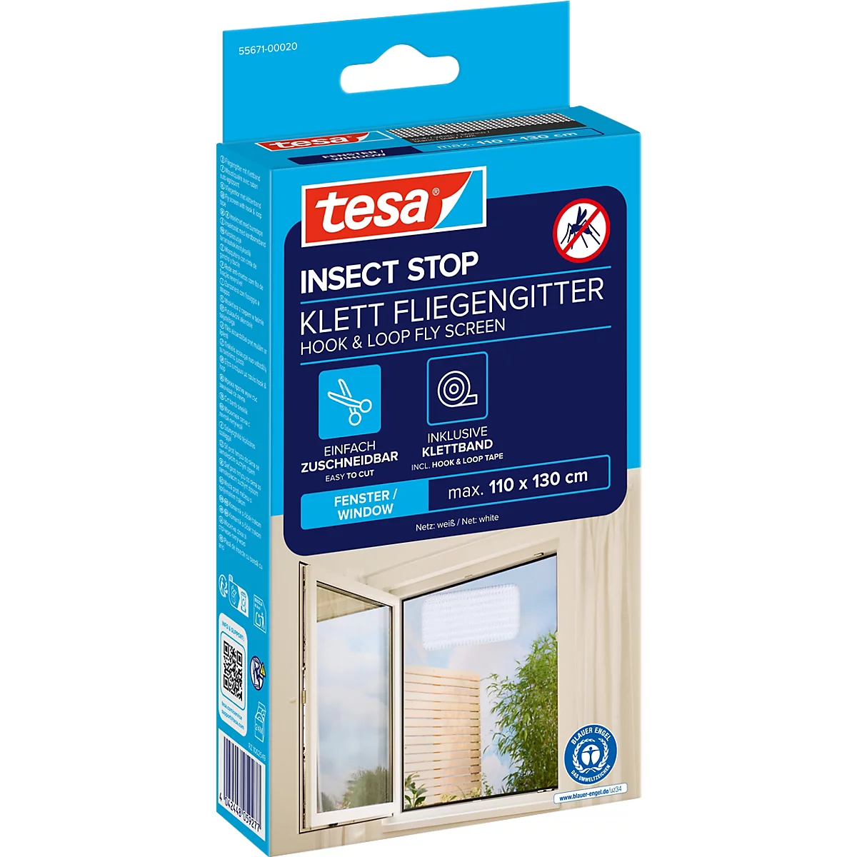 Emballage du produit Tesa Insect Stop moustiquaire. Inscription : Moustiquaire velcro, incl. bande velcro, pour fenêtres, max. 110 x 130 cm.