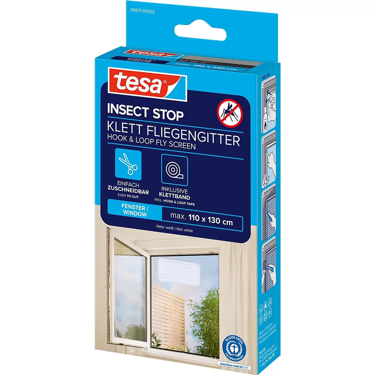tesa® Moustiquaire auto-agrippante INSECT STOP, à fixer sur le cadre de la fenêtre, L 1100 x l 1300 mm, blanc-transparent
