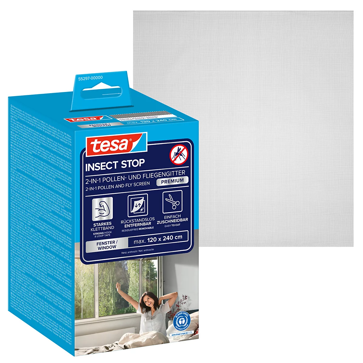 tesa® Moustiquaire auto-agrippante INSECT STOP Premium, contre les pollens et les insectes, à fixer sur le cadre de la fenêtre, L 1200 x l 2400 mm, anthracite-transparent