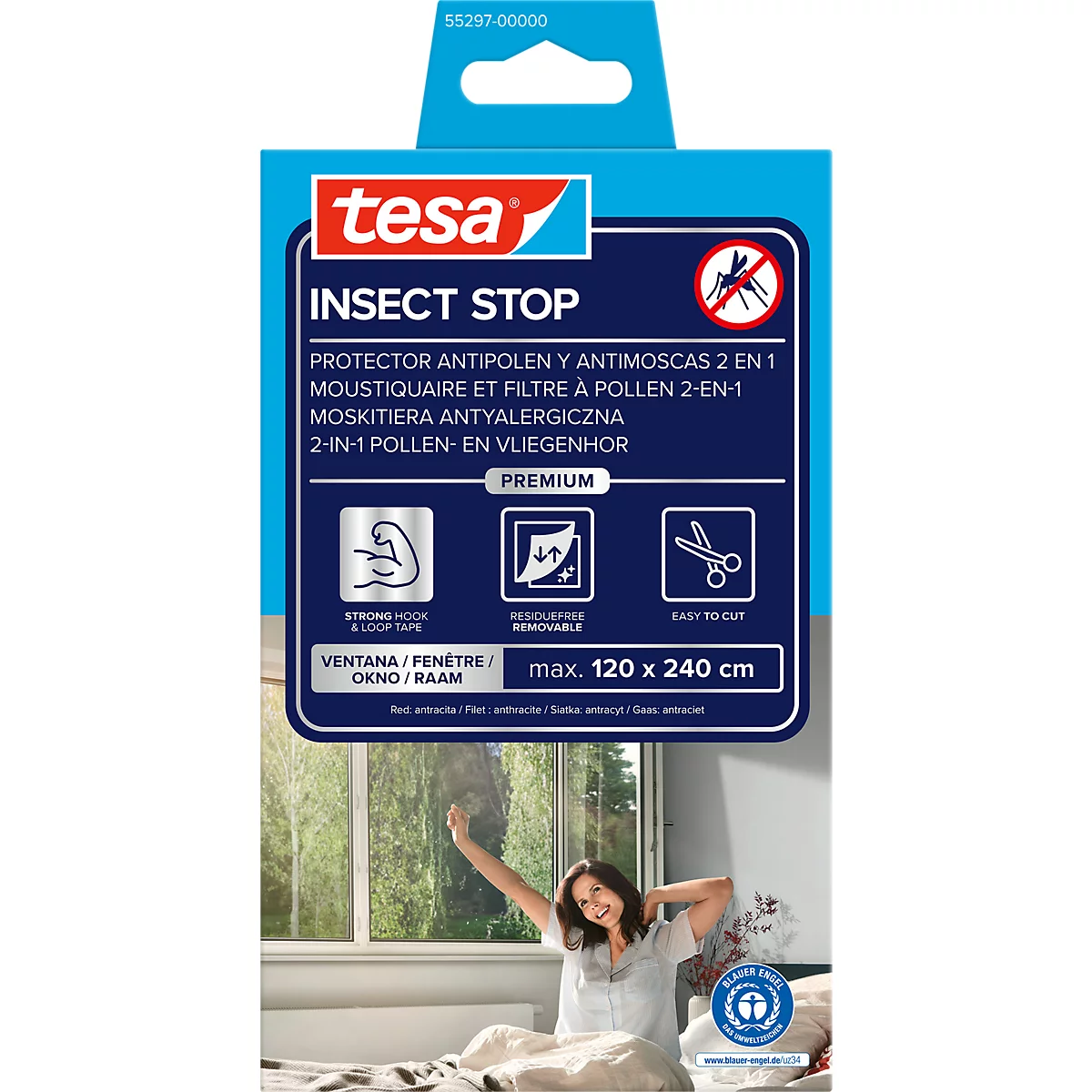 tesa® Moustiquaire auto-agrippante INSECT STOP Premium, contre les pollens et les insectes, à fixer sur le cadre de la fenêtre, L 1200 x l 2400 mm, anthracite-transparent