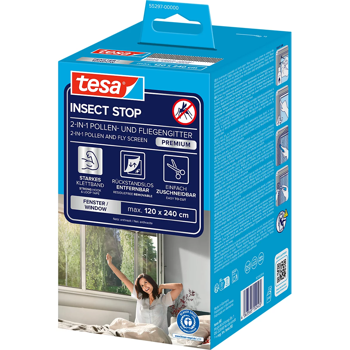 tesa® Moustiquaire auto-agrippante INSECT STOP Premium, contre les pollens et les insectes, à fixer sur le cadre de la fenêtre, L 1200 x l 2400 mm, anthracite-transparent