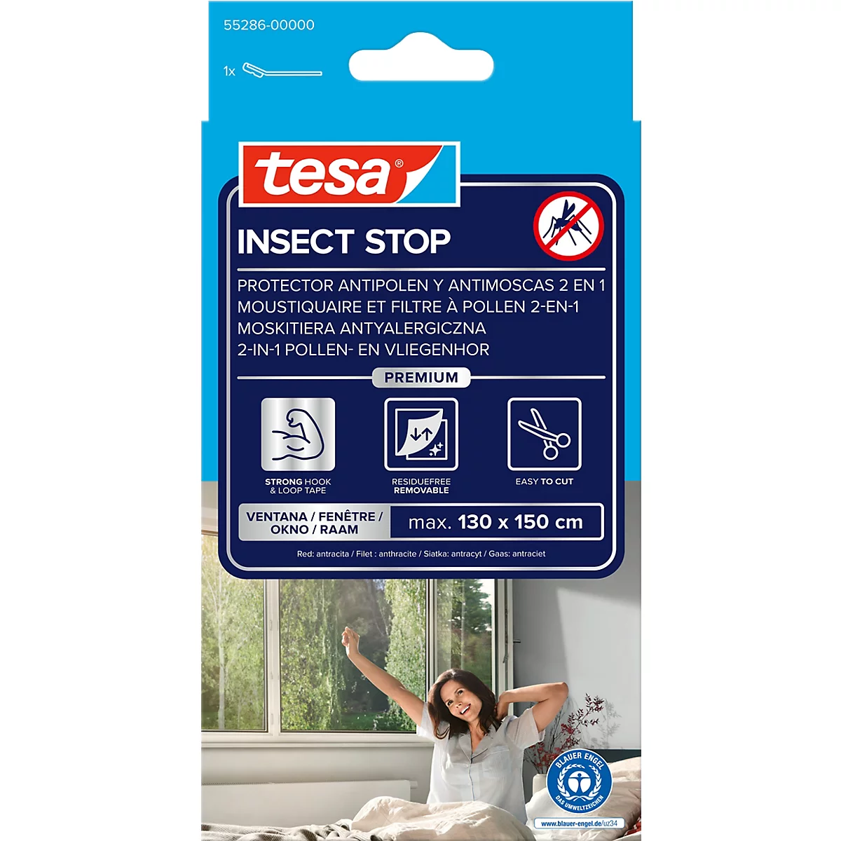 Emballage Tesa bleu et blanc avec l'inscription "INSECT STOP" et une femme devant une fenêtre.