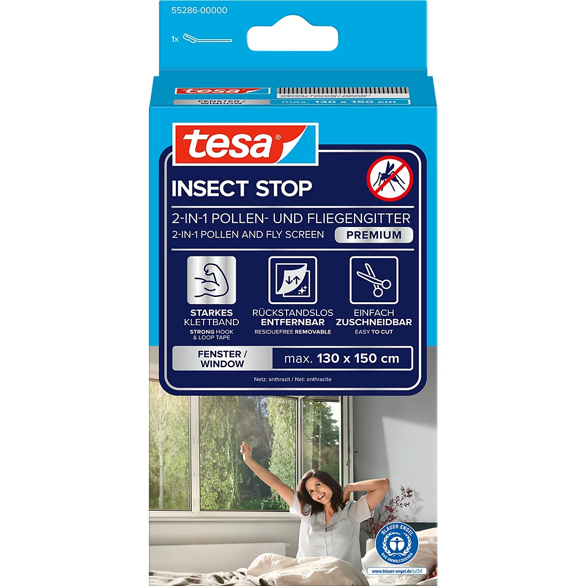 Emballage de produit bleu et blanc, tesa Insect Stop, avec illustration d'une femme à la fenêtre. Texte : 2-en-1 filtre anti-pollen et moustiquaire.