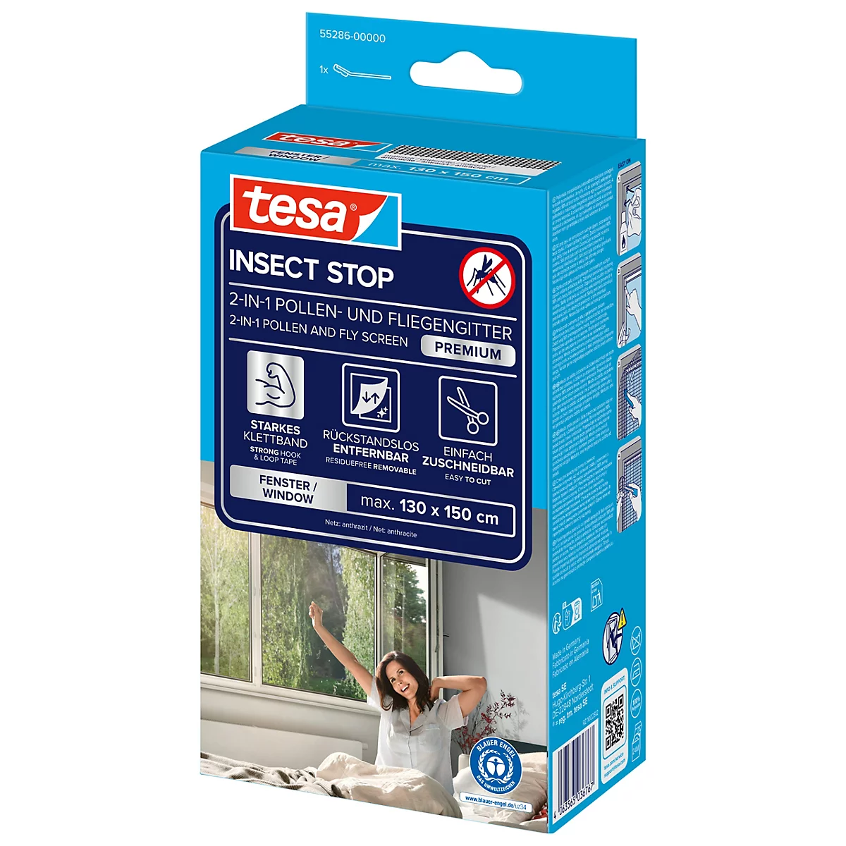 Boîte Tesa Insect Stop bleue et blanche, devant une femme près d'une fenêtre. Texte : '2-en-1 pollen et moustiquaire'.