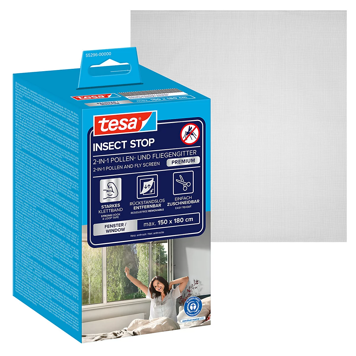tesa® Moustiquaire auto-agrippante INSECT STOP Premium, contre les pollens et les insectes, à fixer sur le cadre de la fenêtre, L 1500 x l 1800 mm, anthracite-transparent