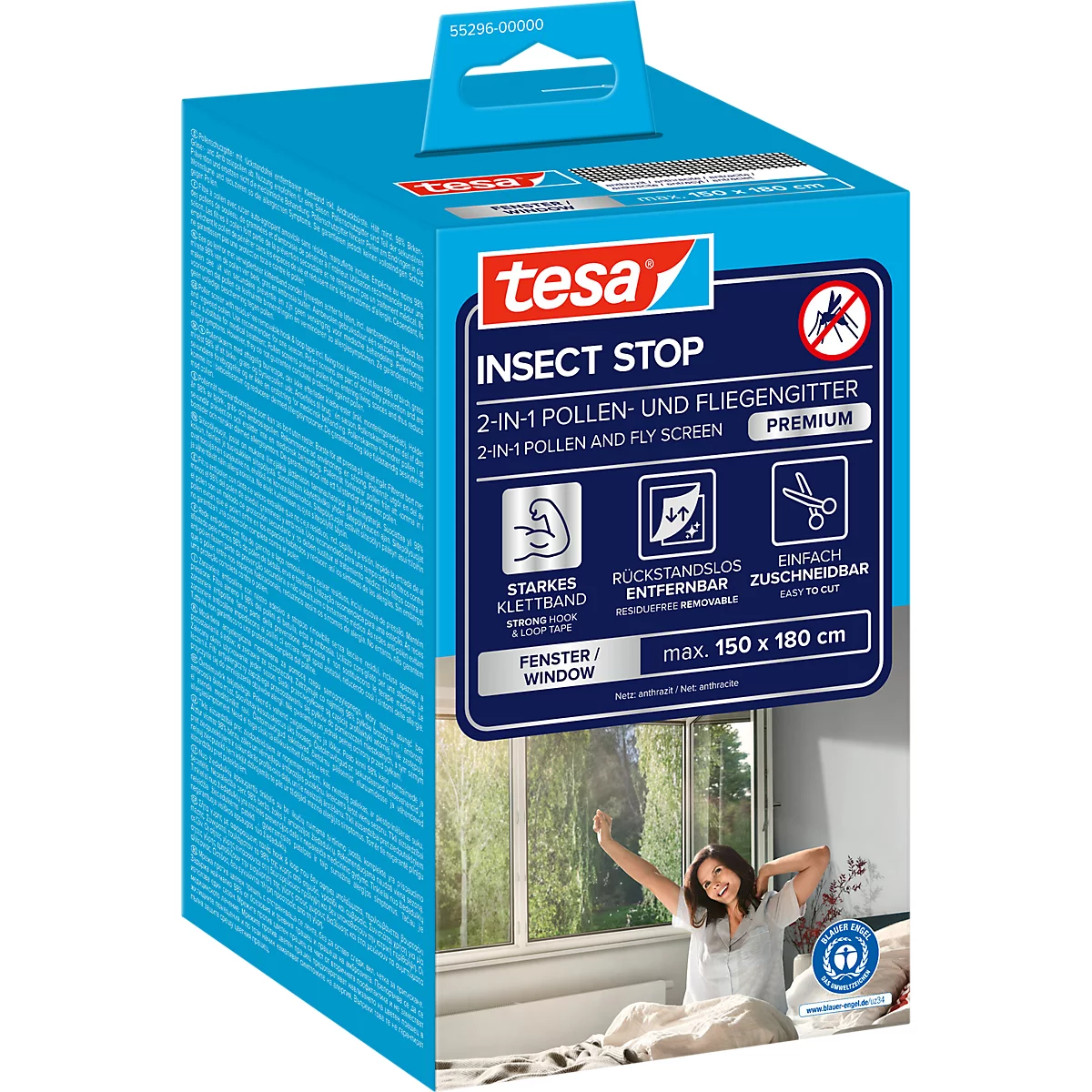 Emballage Tesa bleu et blanc avec protection anti-insectes. Impression : "INSECT STOP". Femme s'étirant devant une fenêtre. Dimensions maximales : 150 x 180 cm.