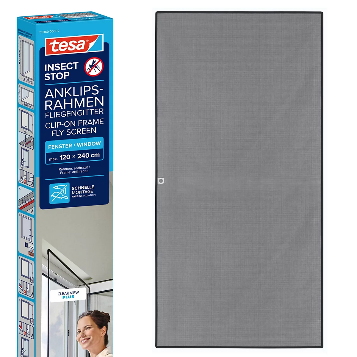 Moustiquaire dans la fenêtre. Emballage du produit à gauche, la grille en détail à droite.