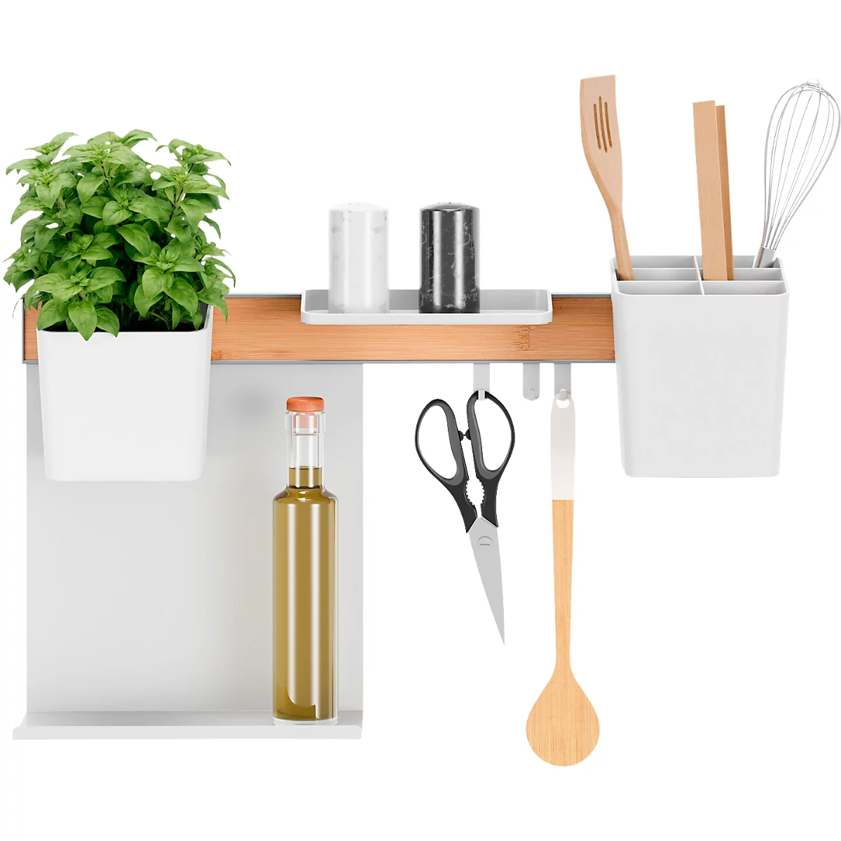 Étagère de cuisine avec herbes, épices et ustensiles de cuisine.