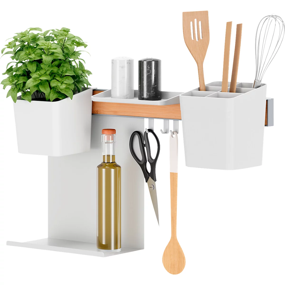 Barre de cuisine avec basilic, huile, épices et ustensiles de cuisine. La barre blanche a une étagère en bois et des crochets pour les outils de cuisine.