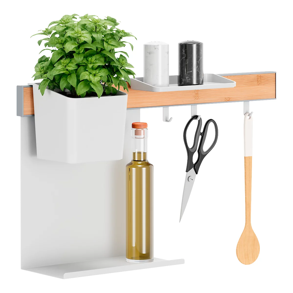 Étagère de cuisine avec pot d'herbes, épices, ciseaux, bouteille d'huile et cuillère en bois. Éléments blancs, fond.