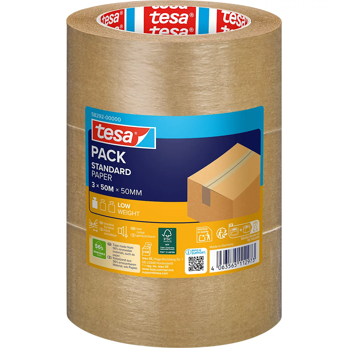 Tesafilm-Rolle mit Label, Aufschrift PACK STANDARD PAPER, 3x50M x 50MM. Braunes Klebeband für Verpackungen.