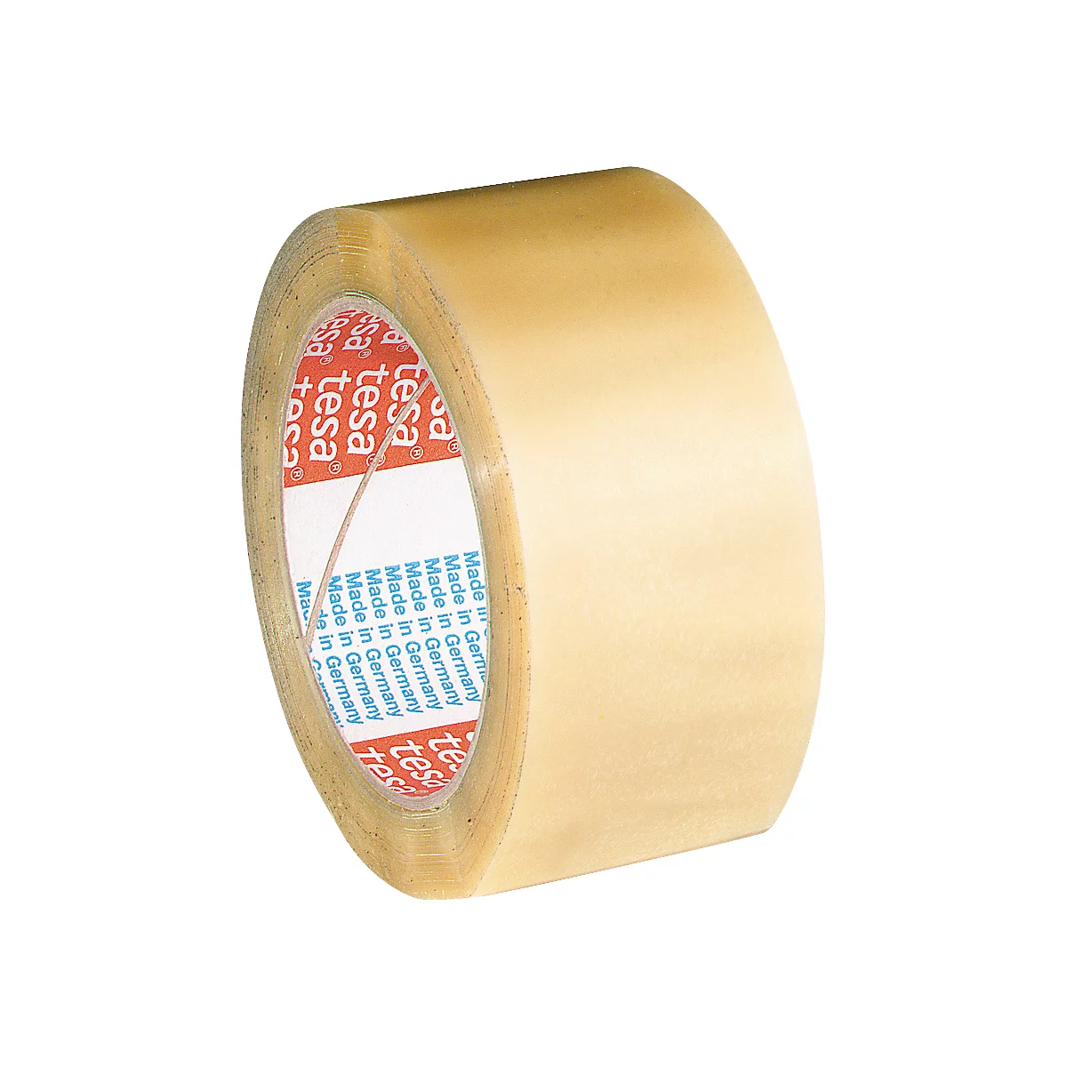 Eine Rolle transparentes Klebeband, mit rotem Schriftzug "tesa" auf dem Kern.
