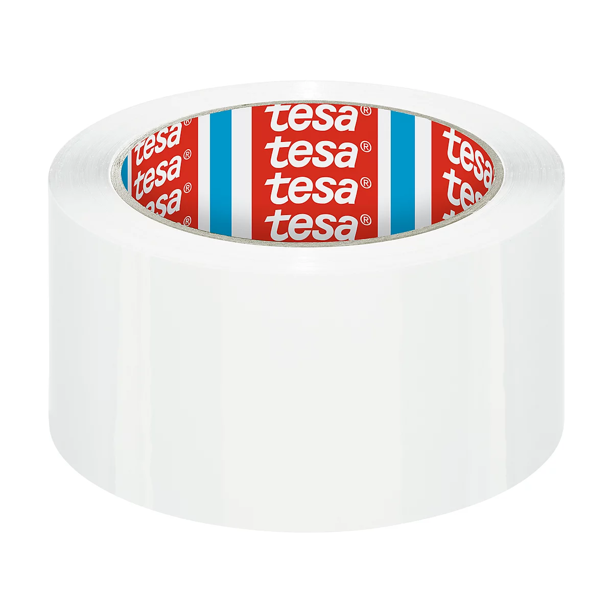 Eine Rolle weißes Klebeband der Marke Tesa. Oben im Kern steht mehrfach "tesa" auf rotem Grund, unterbrochen von blau-weißen Streifen.