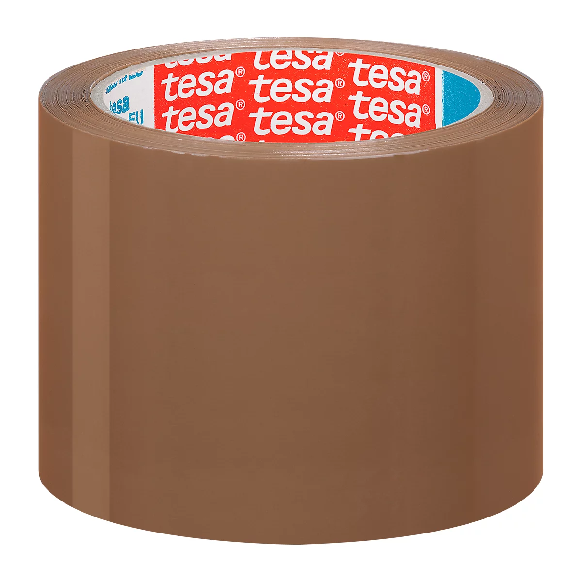 Braunes Klebeband der Marke Tesa. Das Band ist aufgerollt und zeigt den Schriftzug 'tesa' in Rot.