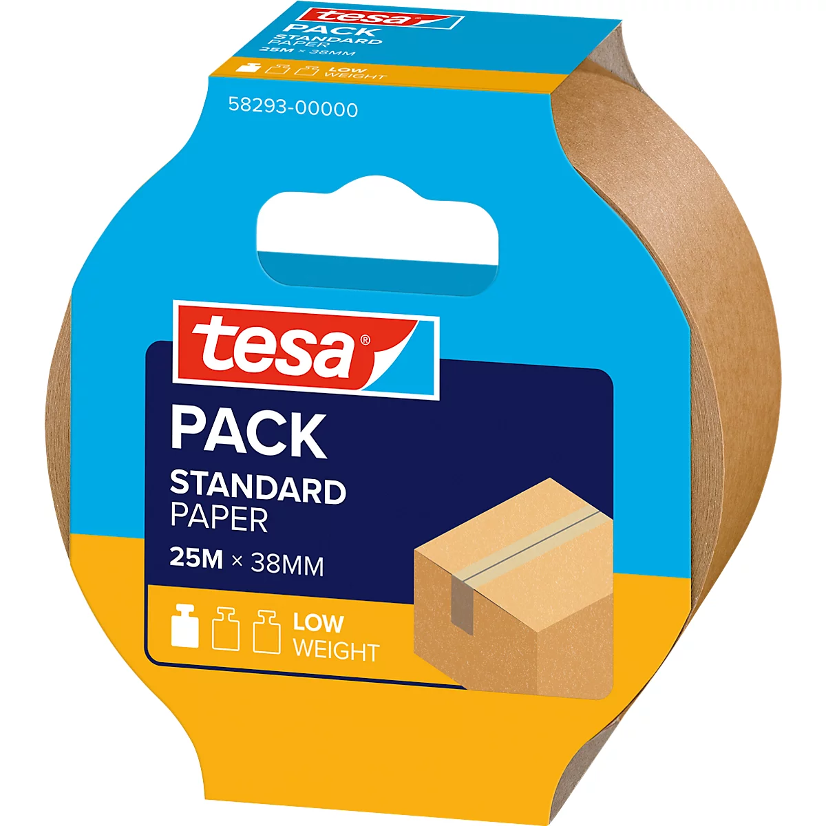 Tesa-Packband, braunes Papierband, Packung. Produktnamen, Maße und Hinweise. Blau-gelbes Verpackungsdesign.