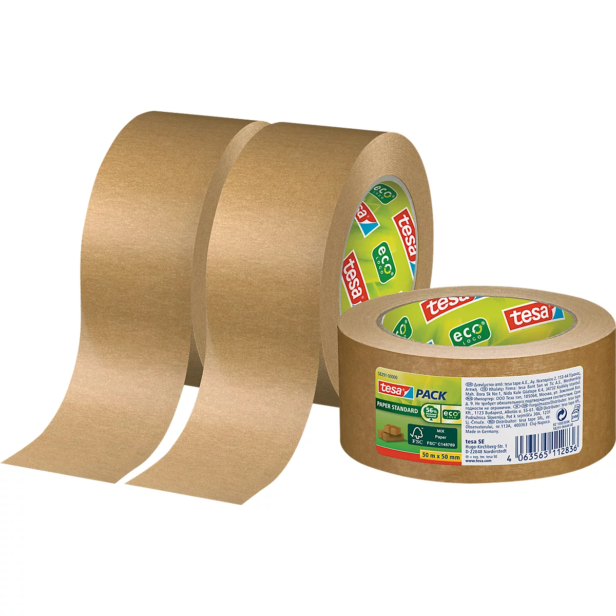 tesa® Packing Tape Paper Standard ecoLogo, robuust, 3 rollen elk L 50 m x B 50 mm, FSC® papier &amp; natuurlijk rubber, bruin