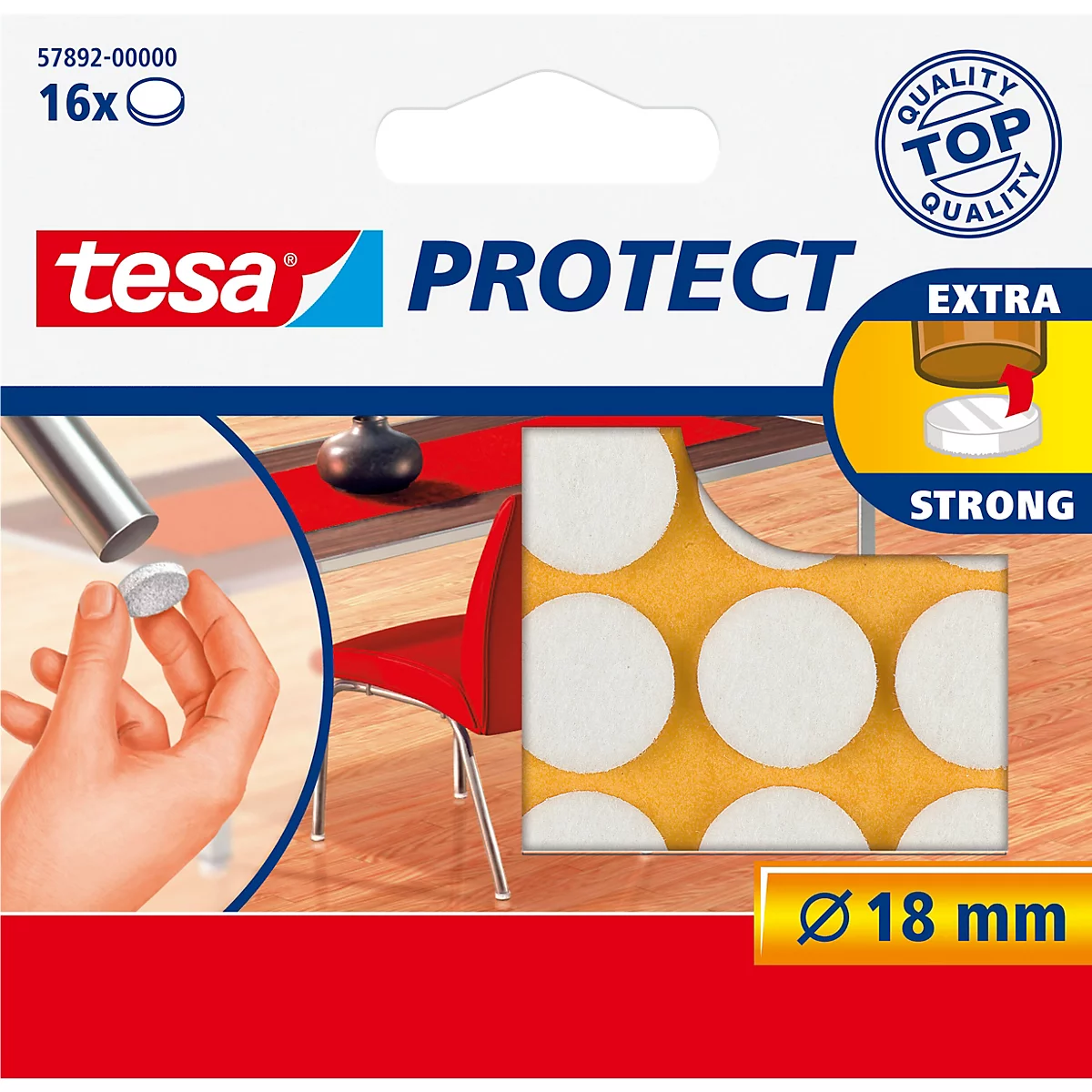 Une main tient un patin en feutre rond, une vue détaillée montre le produit en cours d'utilisation sur un pied de chaise. L'emballage indique "tesa Protect".
