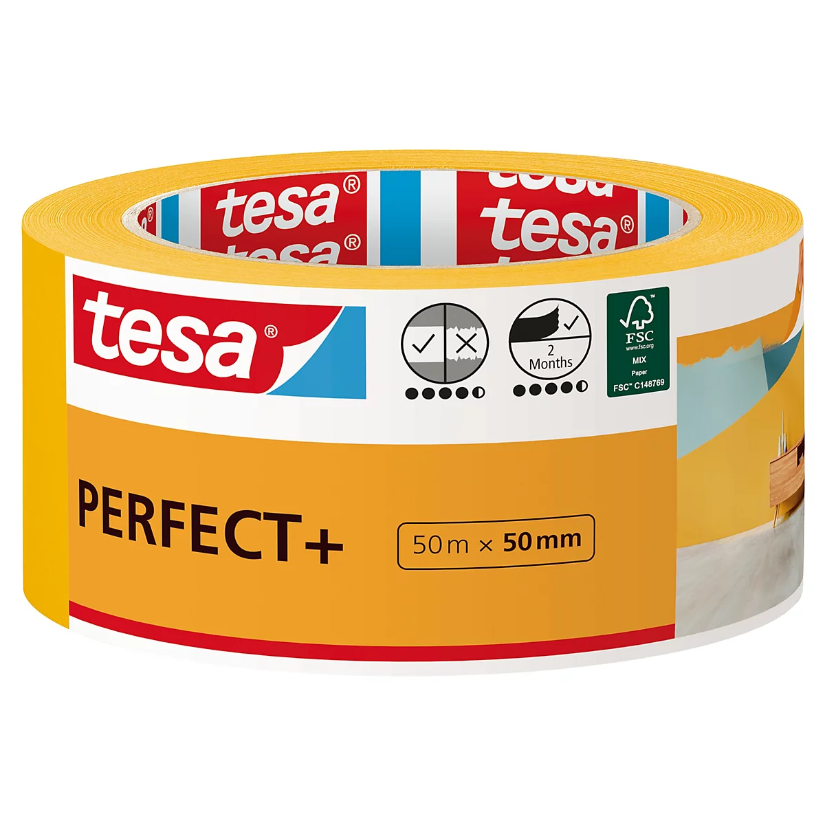 Gelbes Tesa Perfect+ Klebeband. Aufdruck: 50m x 50mm, Logos und Piktogramme. Hintergrund hellgrau.