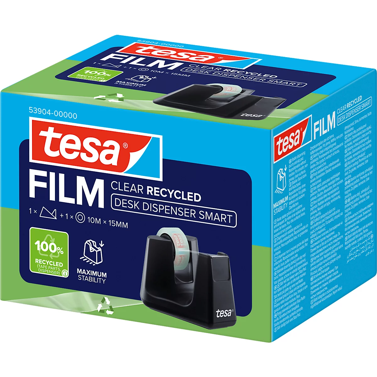 Blauwe doos met een tesa film dispenser. Tekst zegt "tesa FILM", "CLEAR RECYCLED", "DESK DISPENSER SMART". Gedrukt "100% RECYCLED".