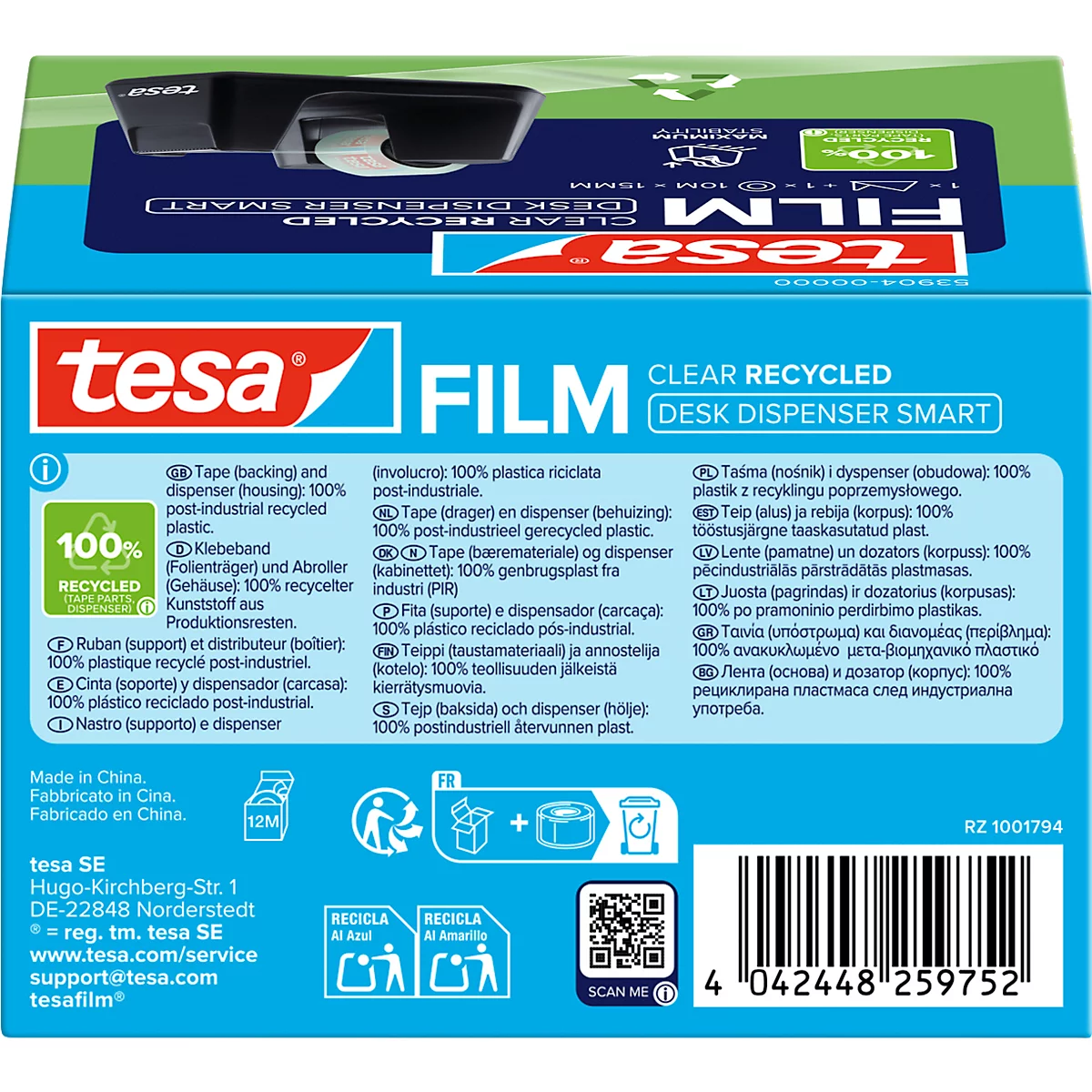 Close-up van een tesa film verpakking. Blauw-witte verpakking met rood logo. Tekst in het Duits, Engels, Nederlands, Frans, Spaans en andere talen.