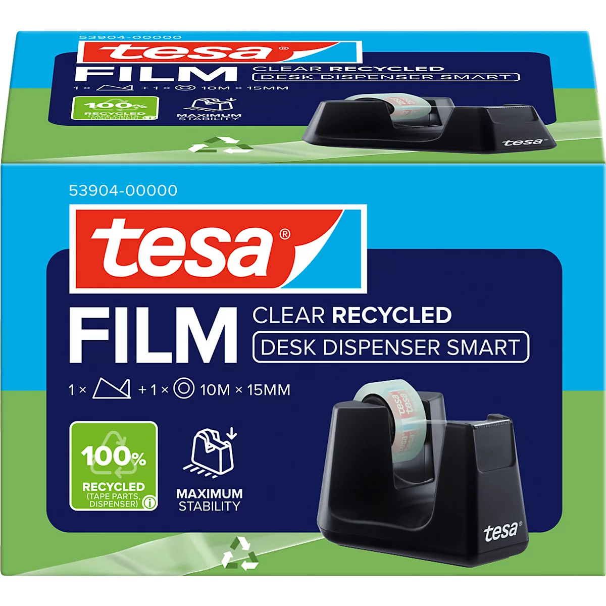 Verpakking van tesa Film plakband. Donkerblauw, wit en rood domineren. Productnamen en logo's zijn gedrukt.