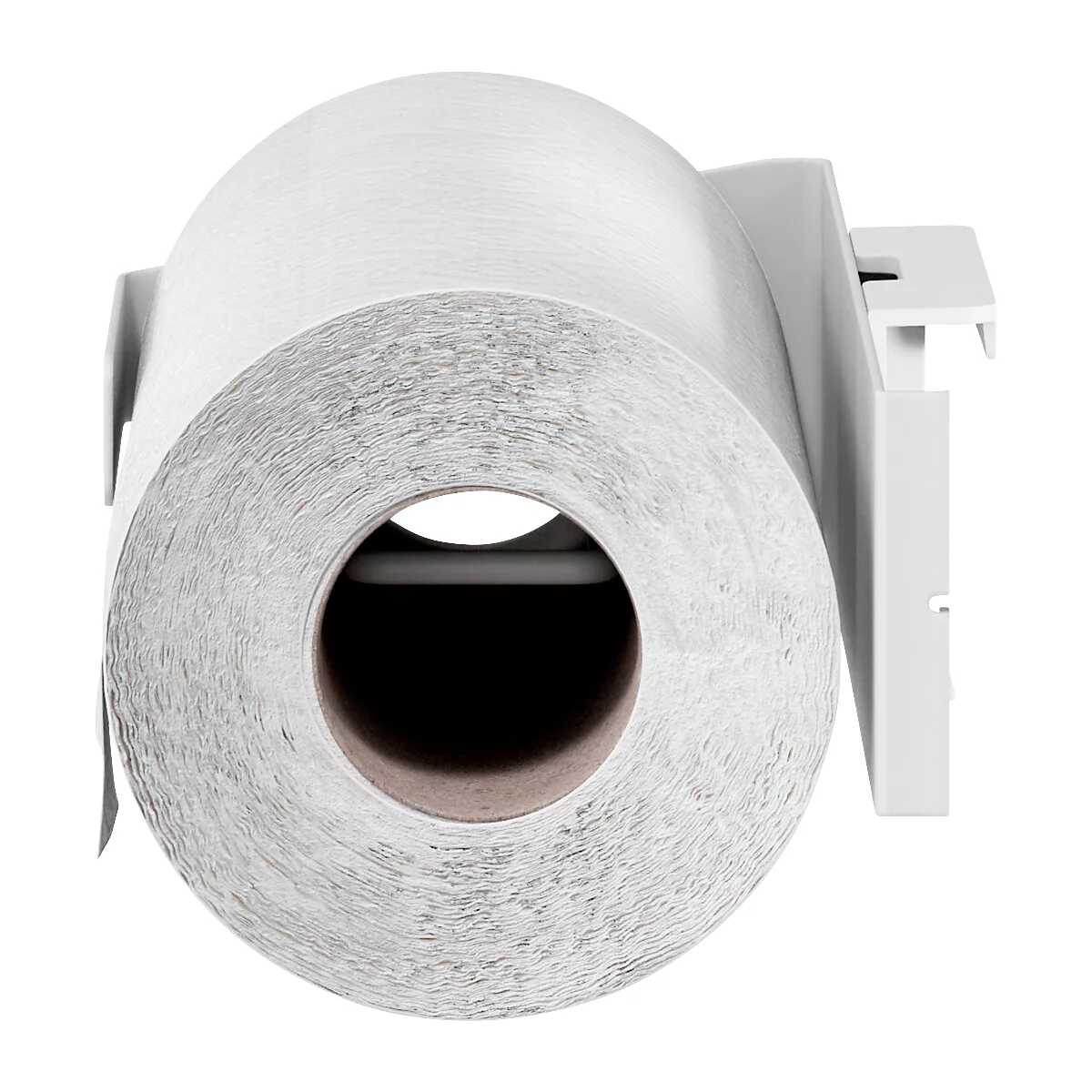 Gros plan d'un rouleau de papier blanc dans un support blanc. Un fond sombre est visible à travers le trou au milieu.