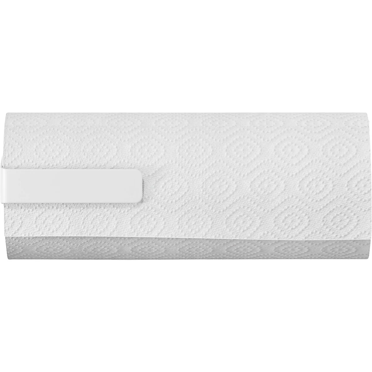 Rouleau de papier de cuisine blanc avec support, vue de dessus.