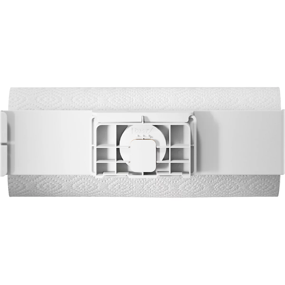 Porte-serviettes en papier blanc, vue de dessus. Les essuie-tout sont maintenus par une équerre blanche. Le support est centré et a un design carré.