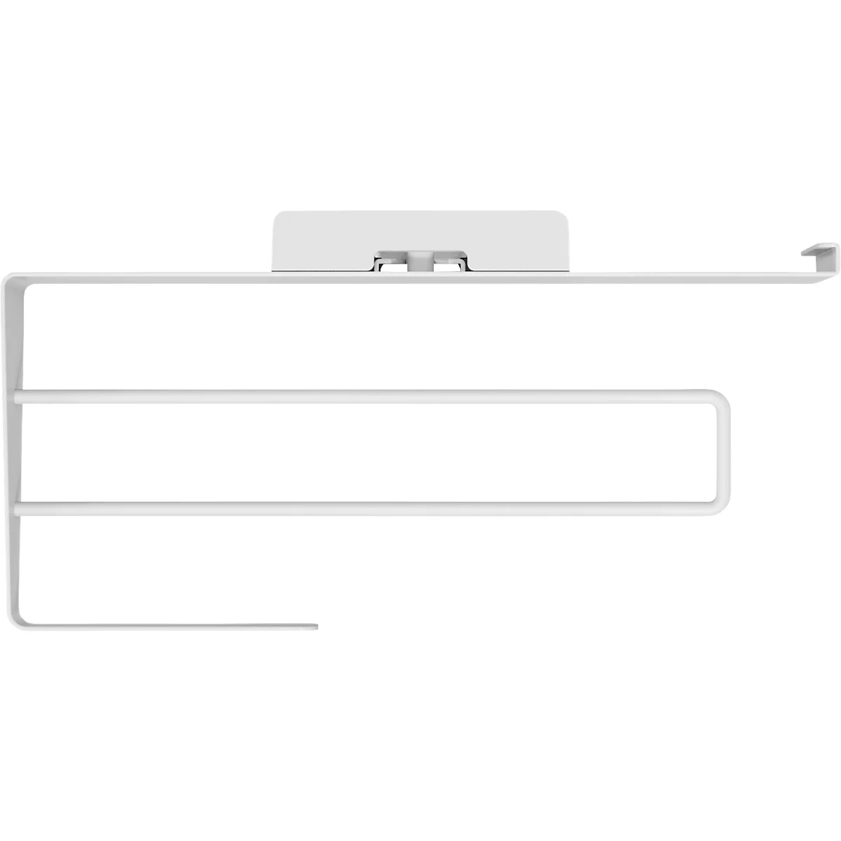 Porte-serviettes blanc, angulaire, avec support pour fixation.