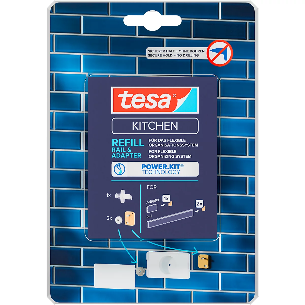 Produktverpackung von Tesa Kitchen mit Schriftzügen und Produktabbildungen.