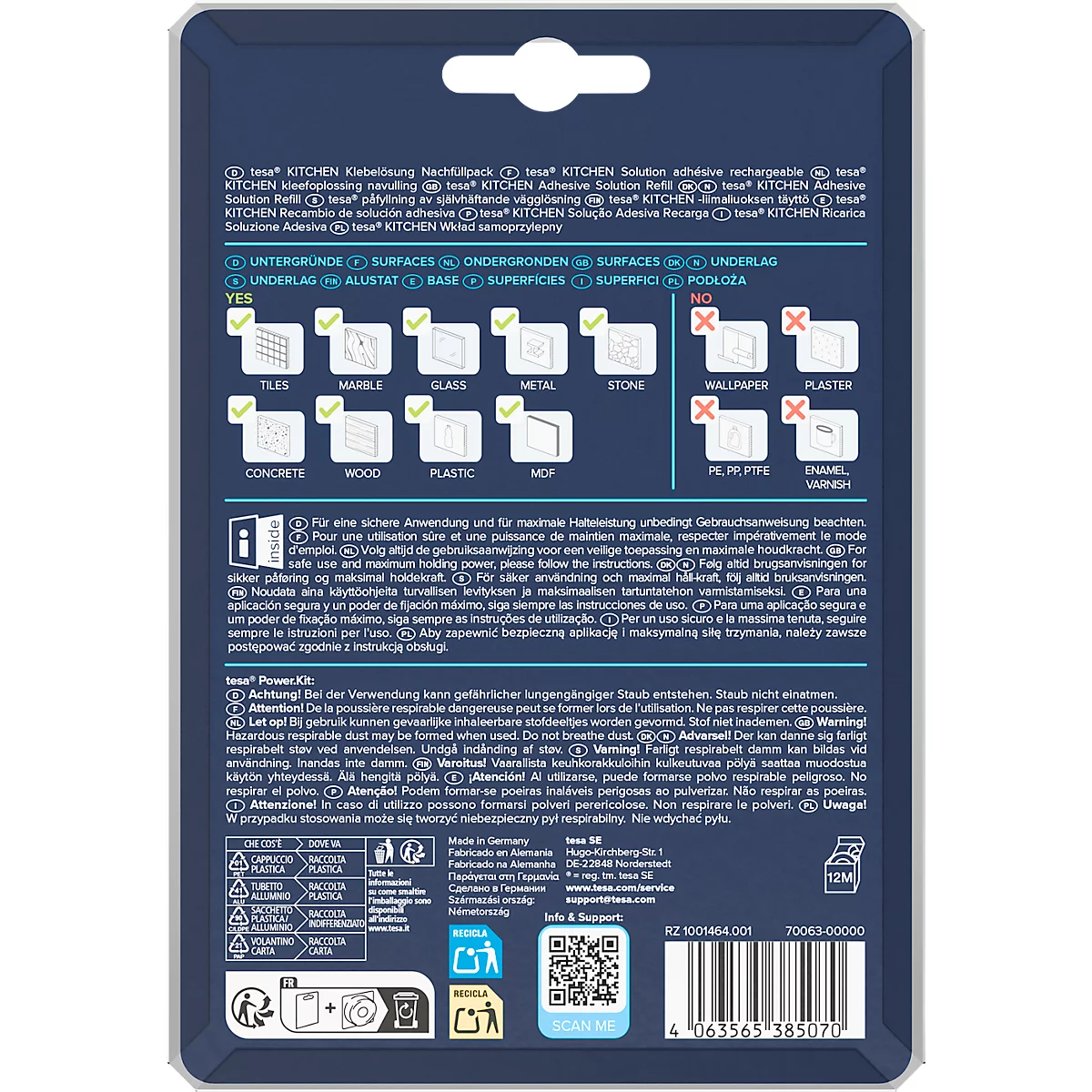 Verpackung mit Aufklebern für die Küche. Aufgedruckt sind Informationen und Piktogramme zu den Oberflächen.