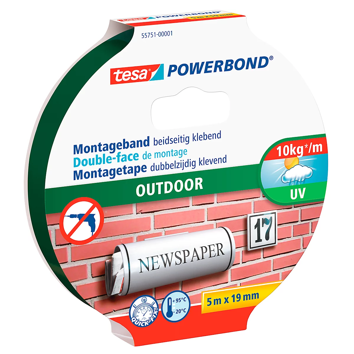 tesa® Powerbond® Cinta adhesiva para exteriores, de doble cara, para uso en exteriores, resistente a la intemperie, resistente a los rayos UV, L 5 m x A 19 mm, verde