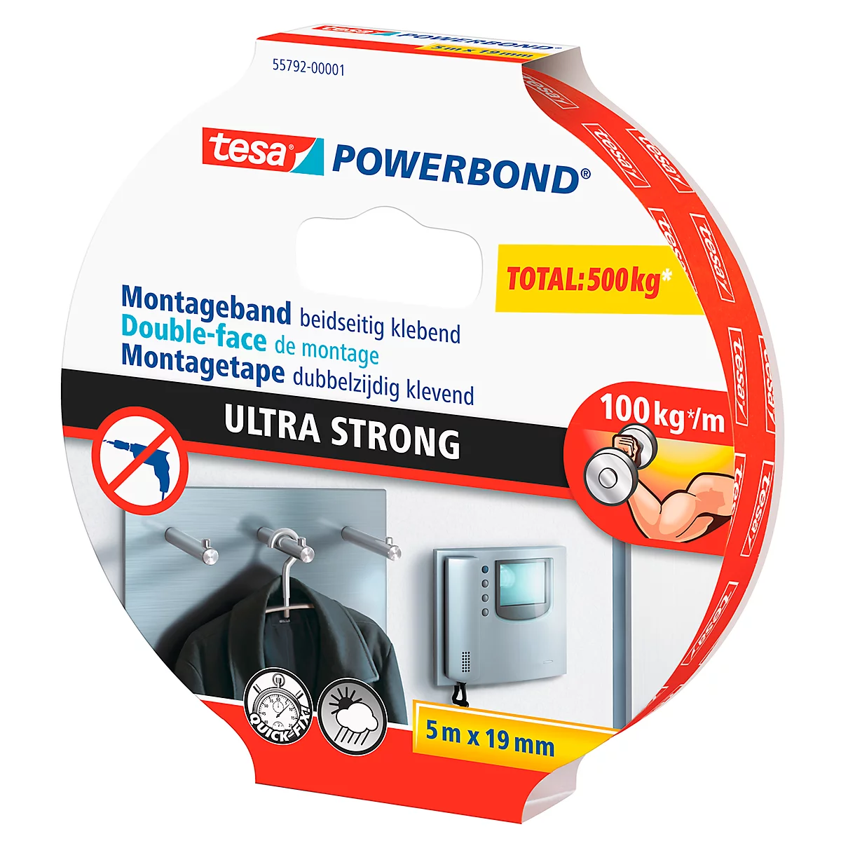 Round tesa Powerbond tape, showing a hanging jacket, clipboard and radiator.