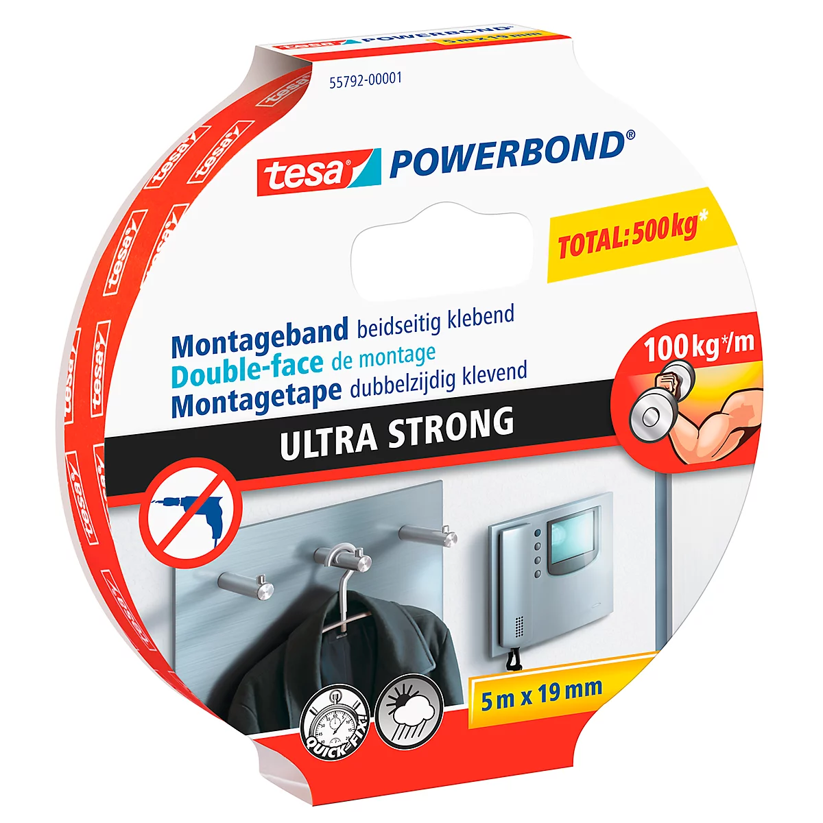 tesa Powerbond double-sided adhesive tape. Display of an application with coat hooks and weather resistance. Specifications: 500 kg, 100 kg/m.