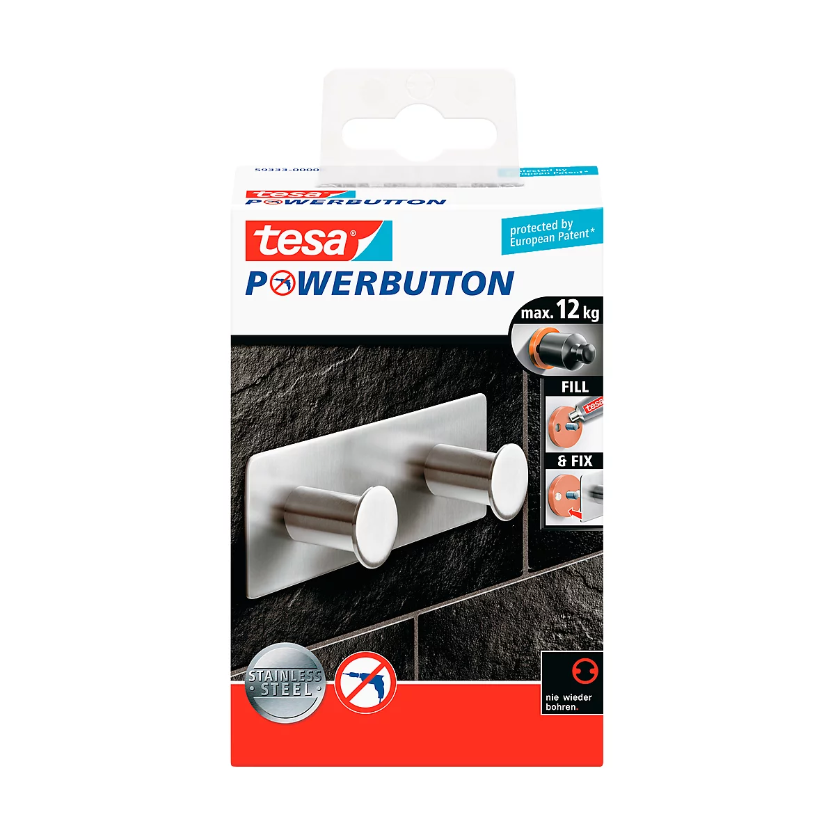 tesa Powerbutton hakenrek Classic, rvs, 2 of 3 haakjes, houdt tot max. 12 kg, 2 haken