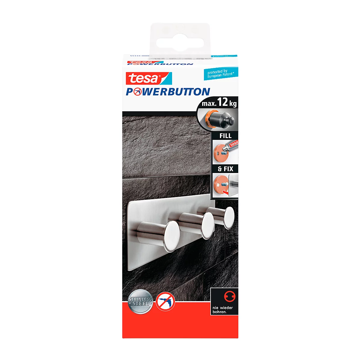 tesa Powerbutton hakenrek Classic, rvs, 2 of 3 haakjes, houdt tot max. 12 kg, 3 haken