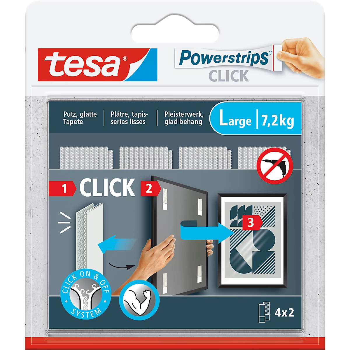 tesa® Powerstrips CLICK LARGE, 7,2 kg, 4 x 2 stroken, zelfklevend, voor vlakke wanddecoratie