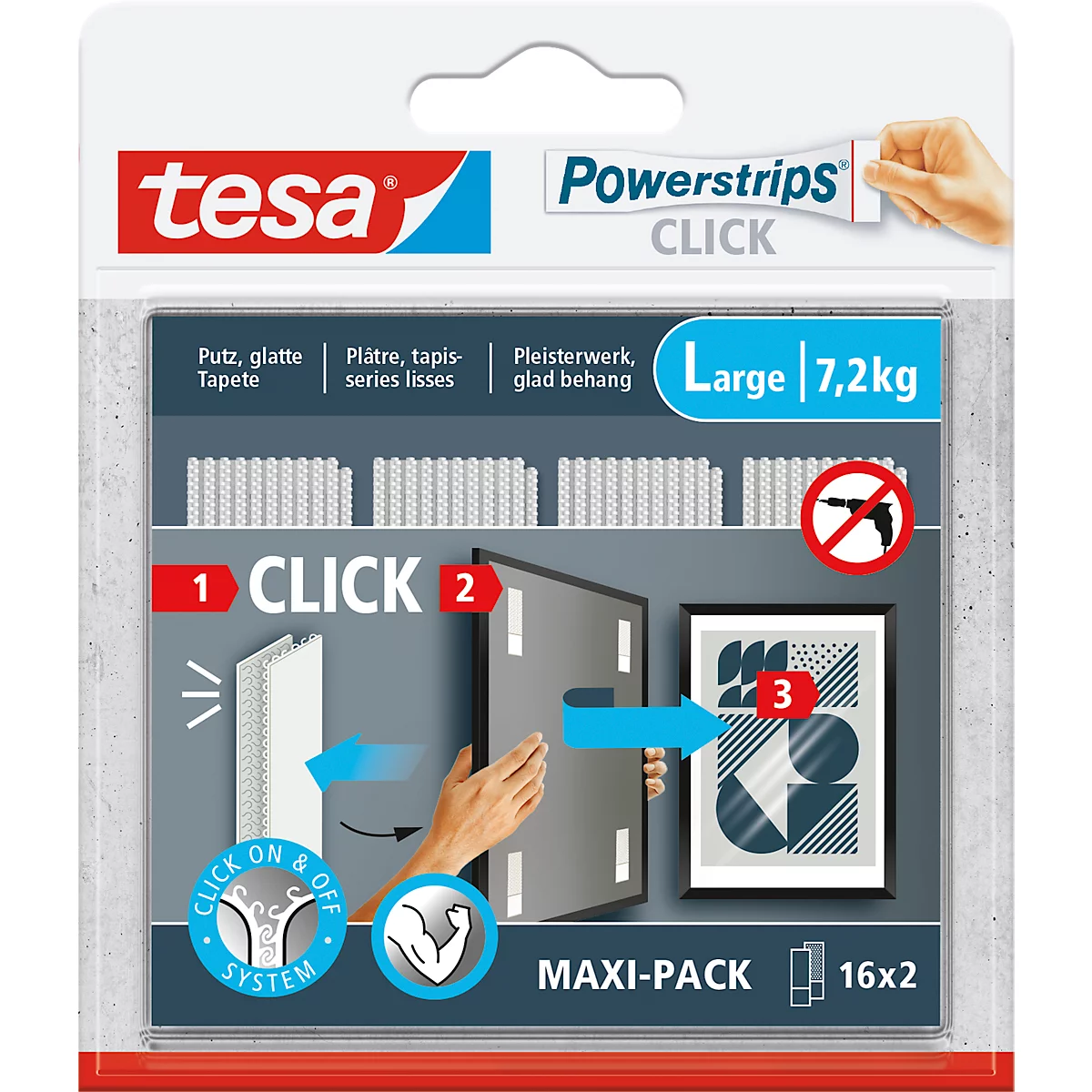 tesa® Powerstrips CLICK MEDIUM, 5.4 kg, 16 x 2 stroken multipack, zelfklevend, voor wandmontage