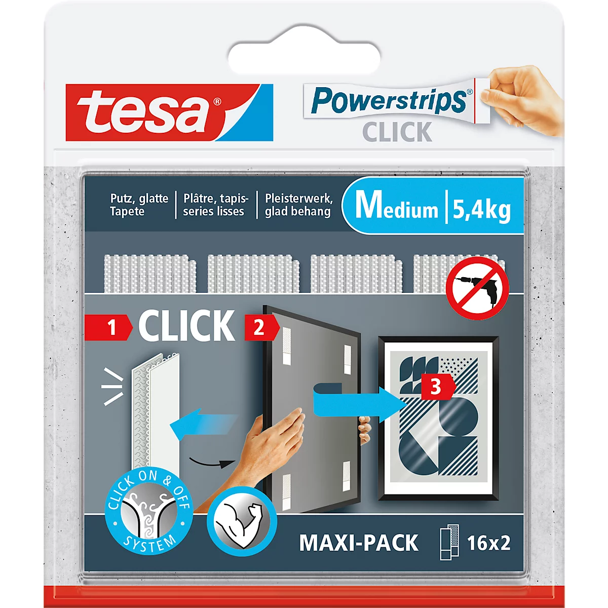 tesa® Powerstrips CLICK MEDIUM, 5.4 kg, 16 x 2 stroken multipack, zelfklevend, voor wandmontage