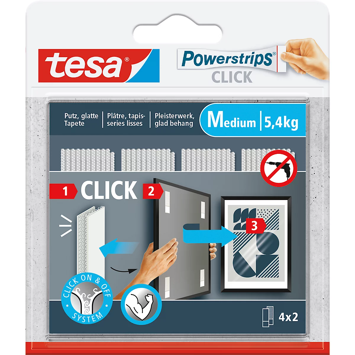tesa® Powerstrips CLICK MEDIUM, 5.4 kg, 16 x 2 stroken multipack, zelfklevend, voor wandmontage