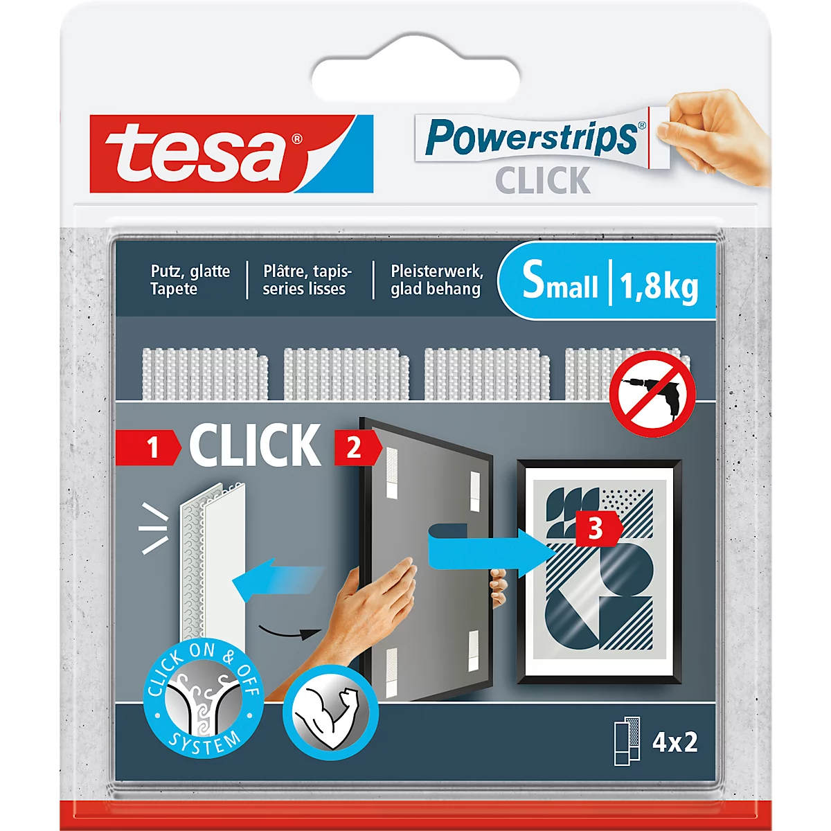 tesa® Powerstrips CLICK SMALL, 1.8 kg, 4 x 2 stroken, zelfklevend, ideaal voor kleine decoratieve voorwerpen