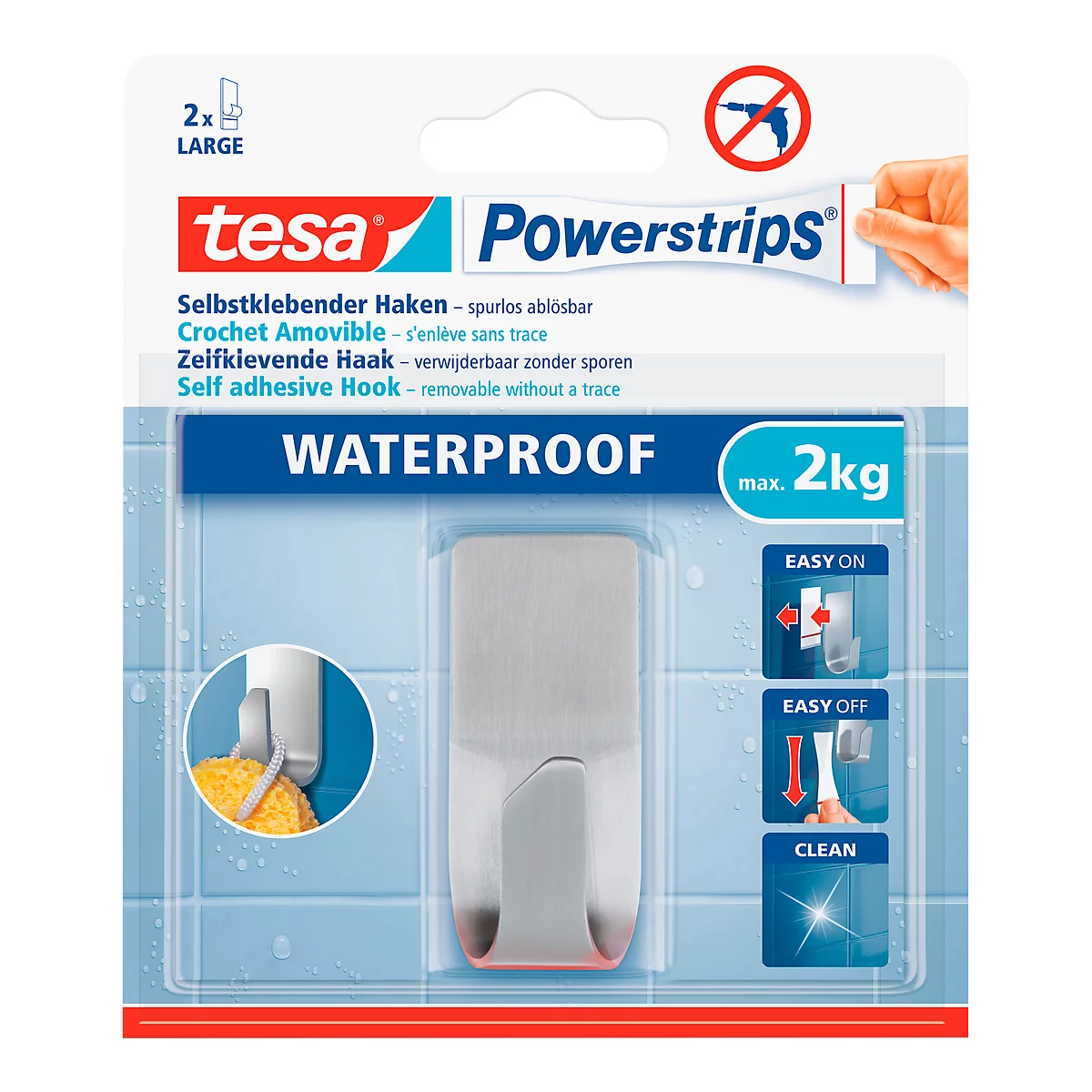 tesa Powerstrips Gancho impermeable Zoom, de acero inoxidable, para cuartos húmedos, máx. 2 kg