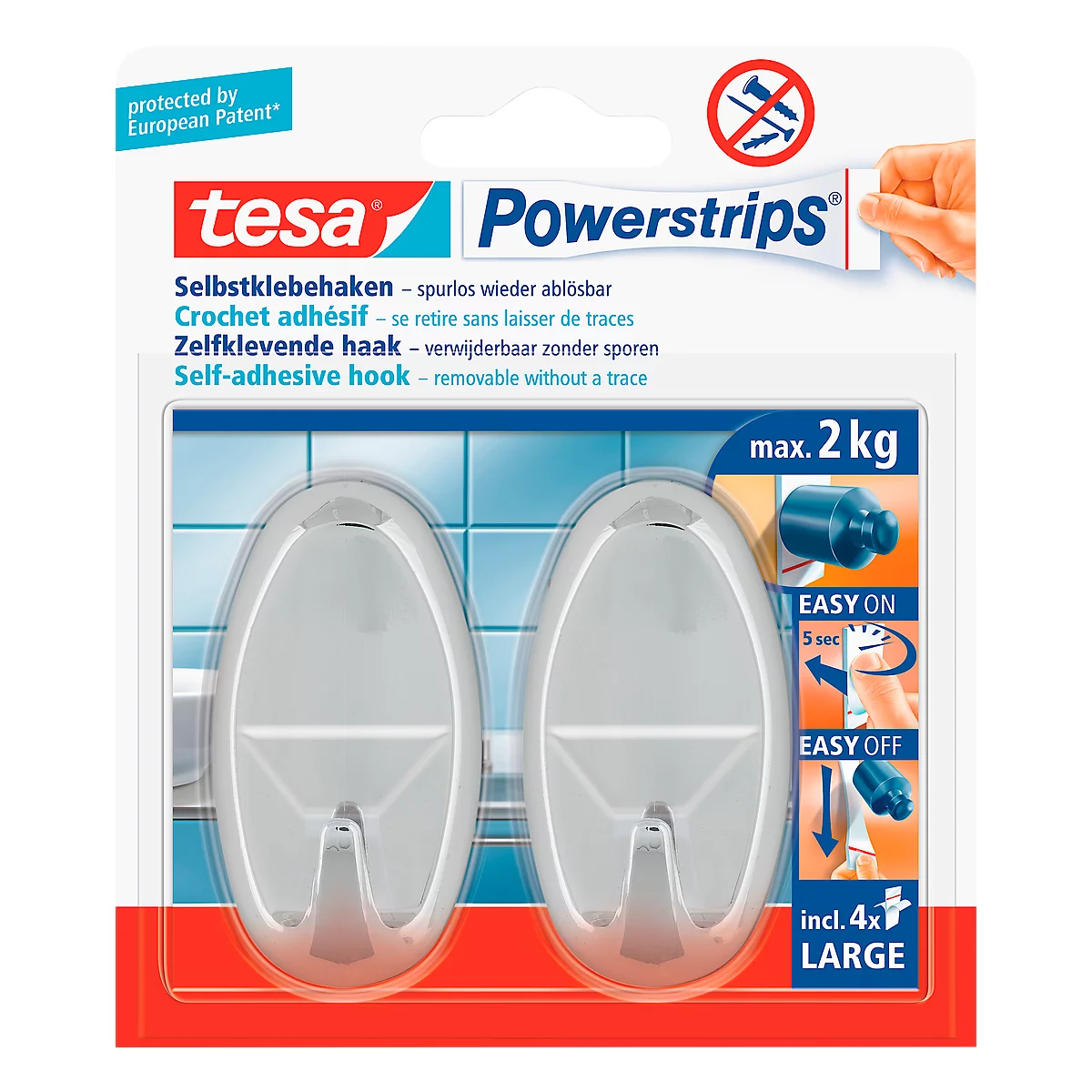 tesa Powerstrips Haken Large, oval, chrom