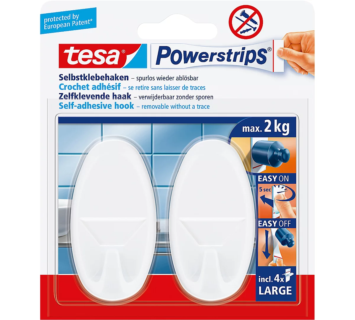 tesa Powerstrips Haken Large, oval, weiß